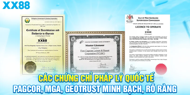 Các chứng chỉ pháp lý quốc tế PAGCOR, MGA, GEOTRUST minh bạch, rõ ràng